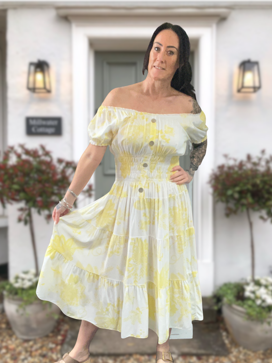 Shirred Floral Midi Dress