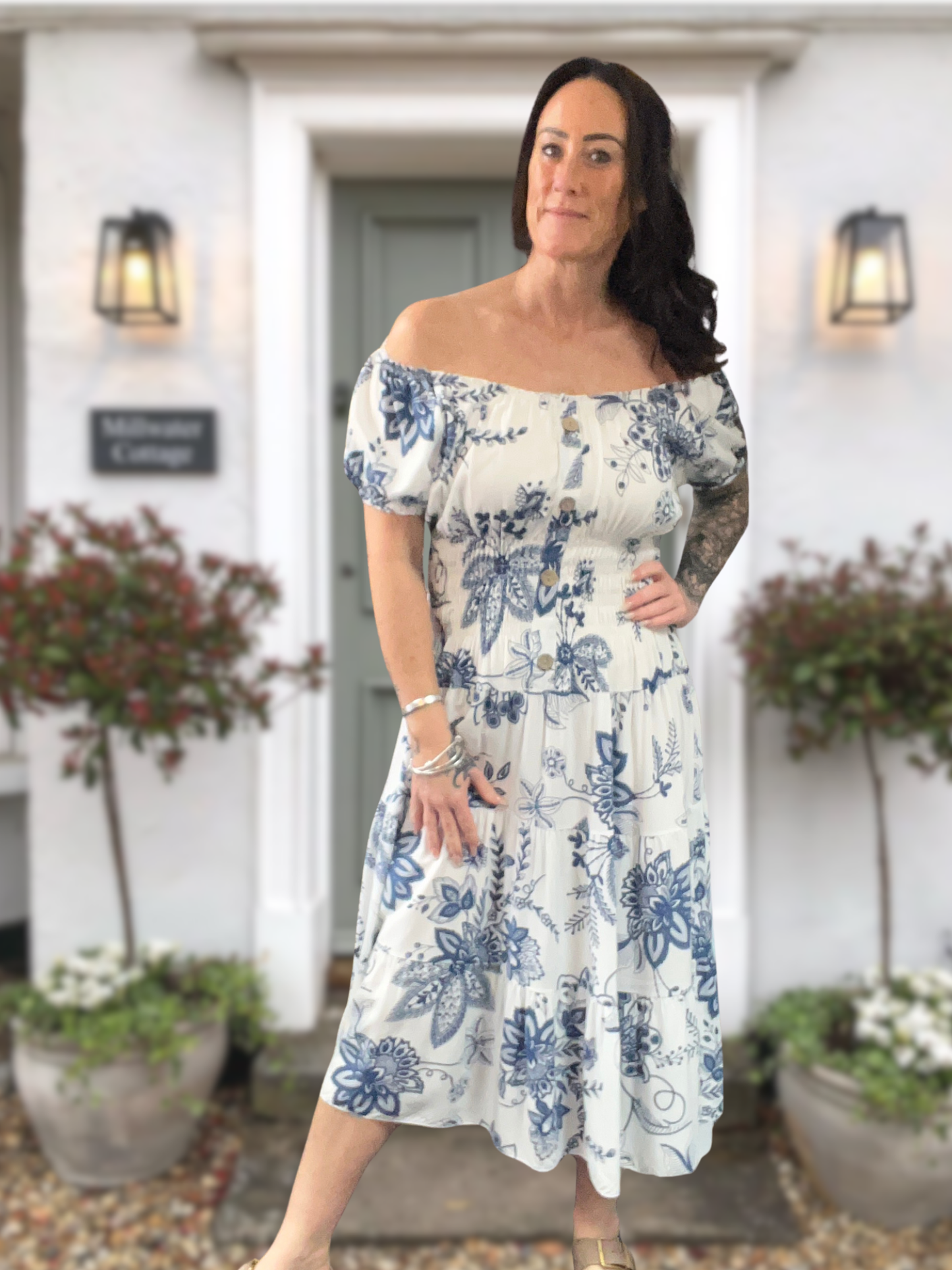 Shirred Floral Midi Dress