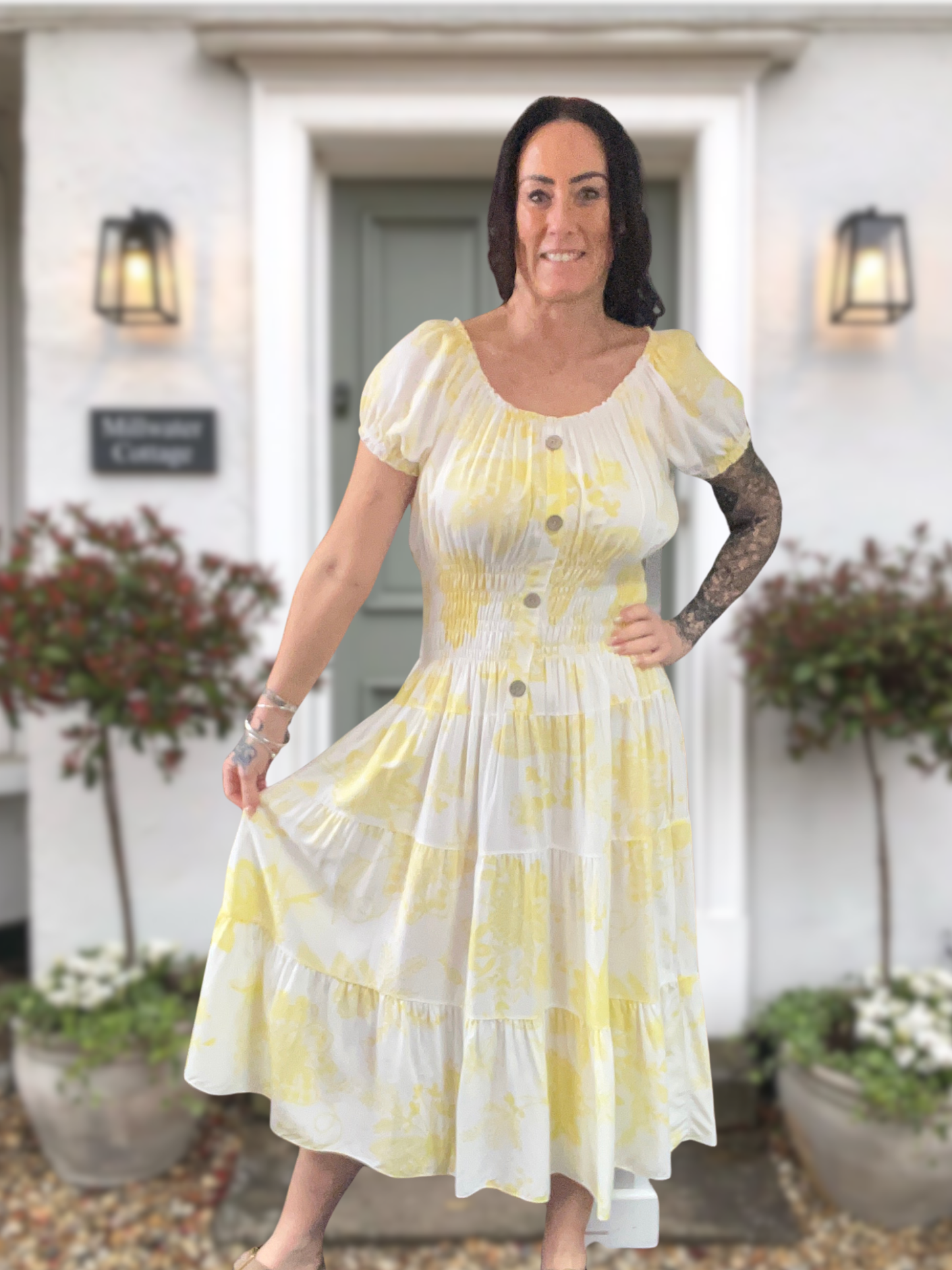 Shirred Floral Midi Dress