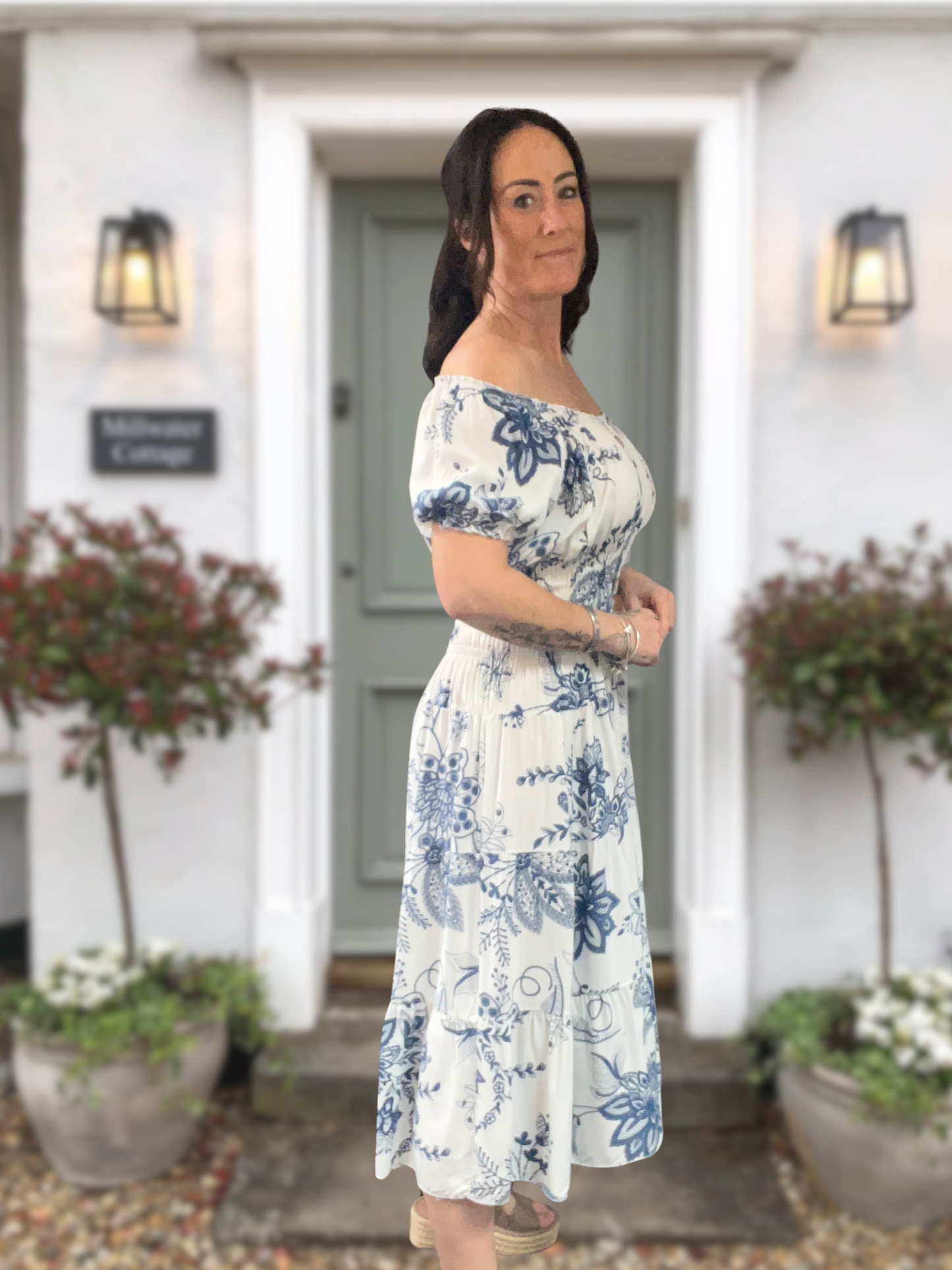 Shirred Floral Midi Dress