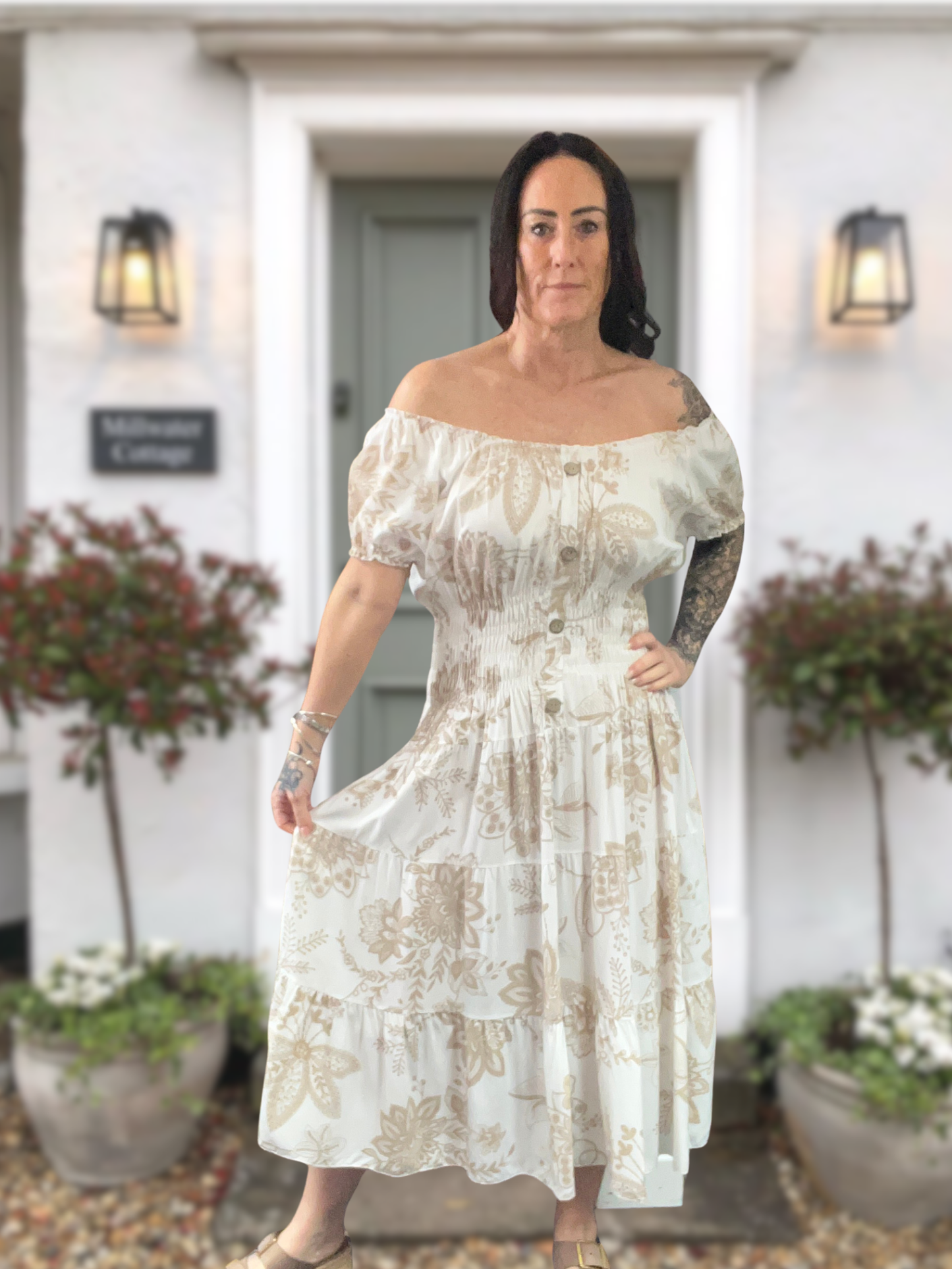 Shirred Floral Midi Dress