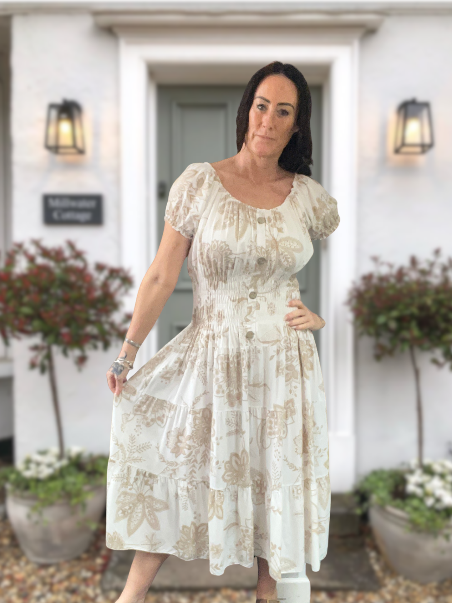 Shirred Floral Midi Dress