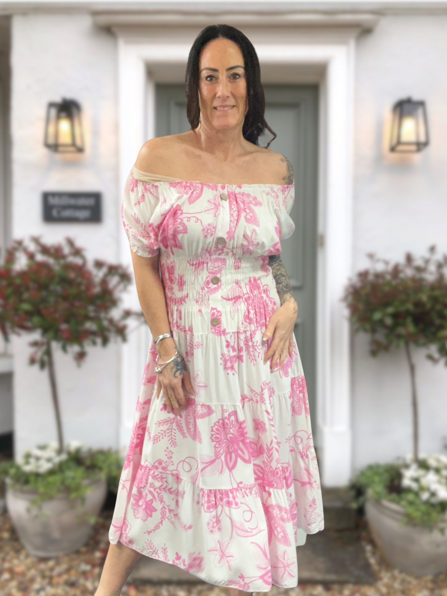 Shirred Floral Midi Dress