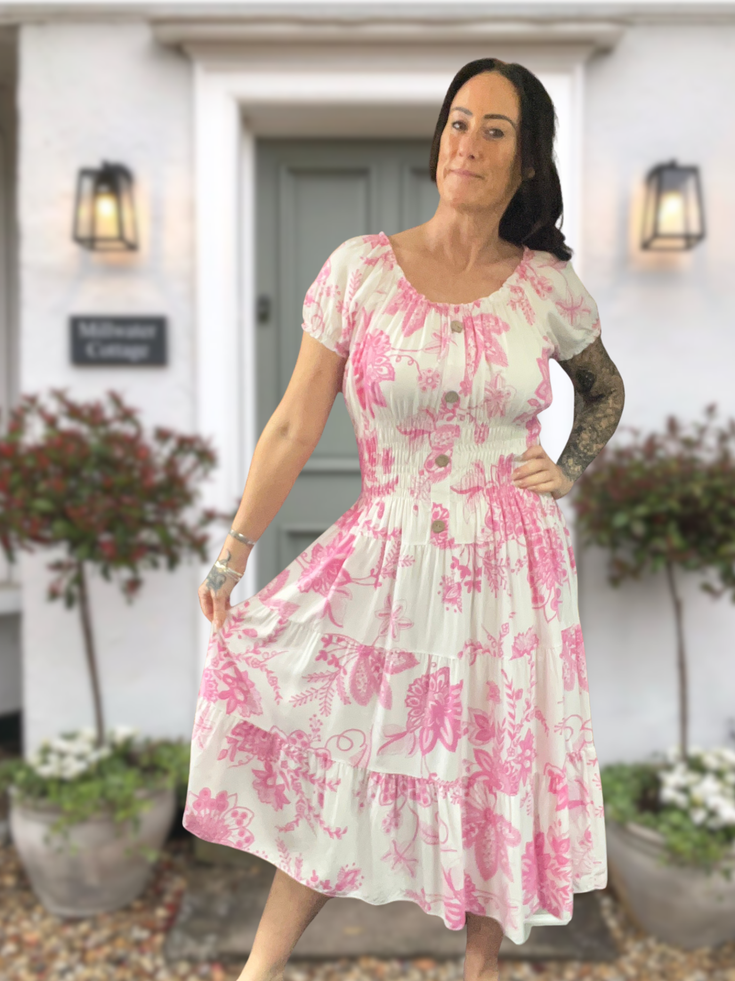 Shirred Floral Midi Dress